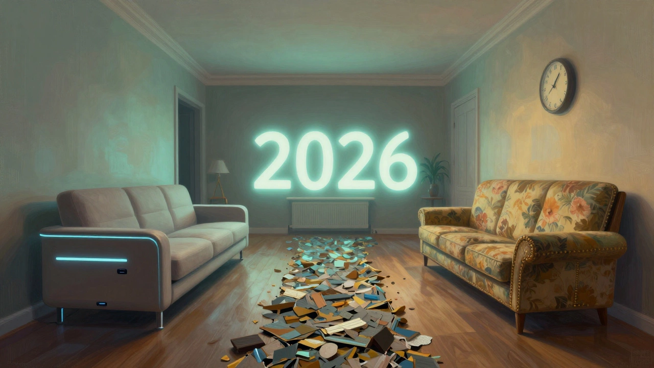 Два дивана: современный и реставрированный — символ выбора между новым и долговечным.