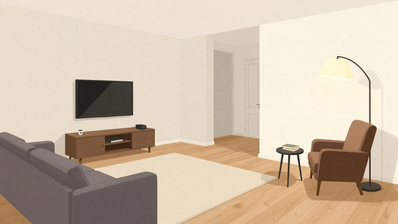 Две зоны в маленькой гостиной: зона отдыха и угол для чтения, разделенные ковром.