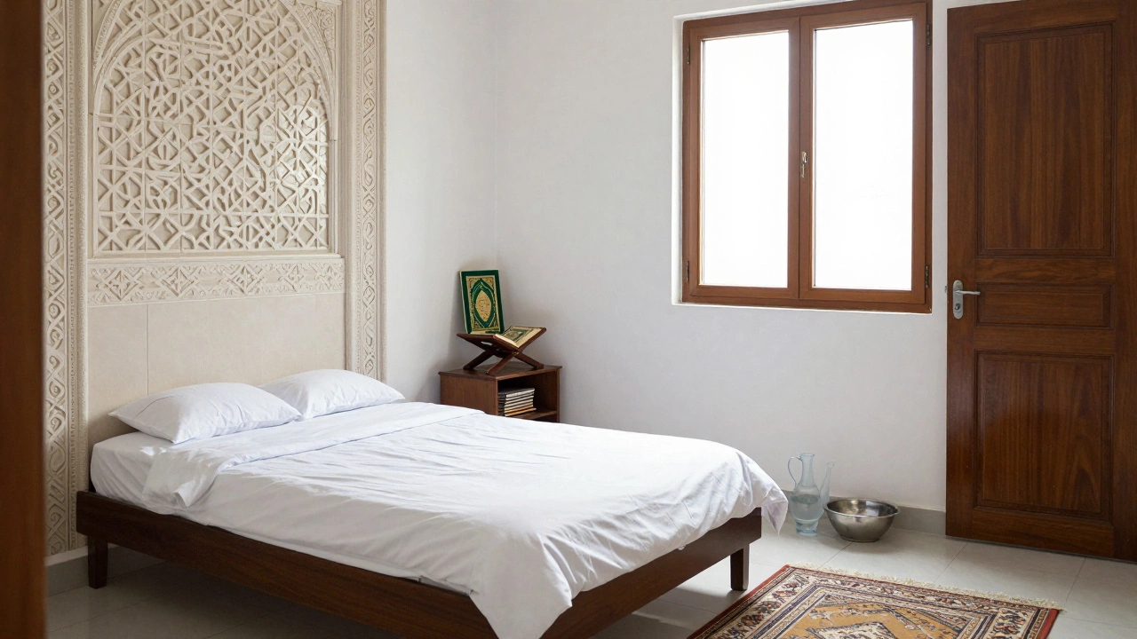 Классическая мусульманская спальня с кроватью подальше от двери, Кораном на полке и геометрическими узорами, без изображений людей или животных.