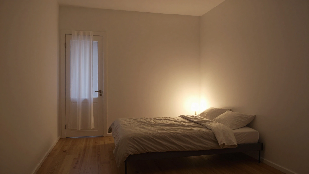 Кровать под углом к двери, теплое ночное освещение, спокойная атмосфера, нейтральные тона интерьера.