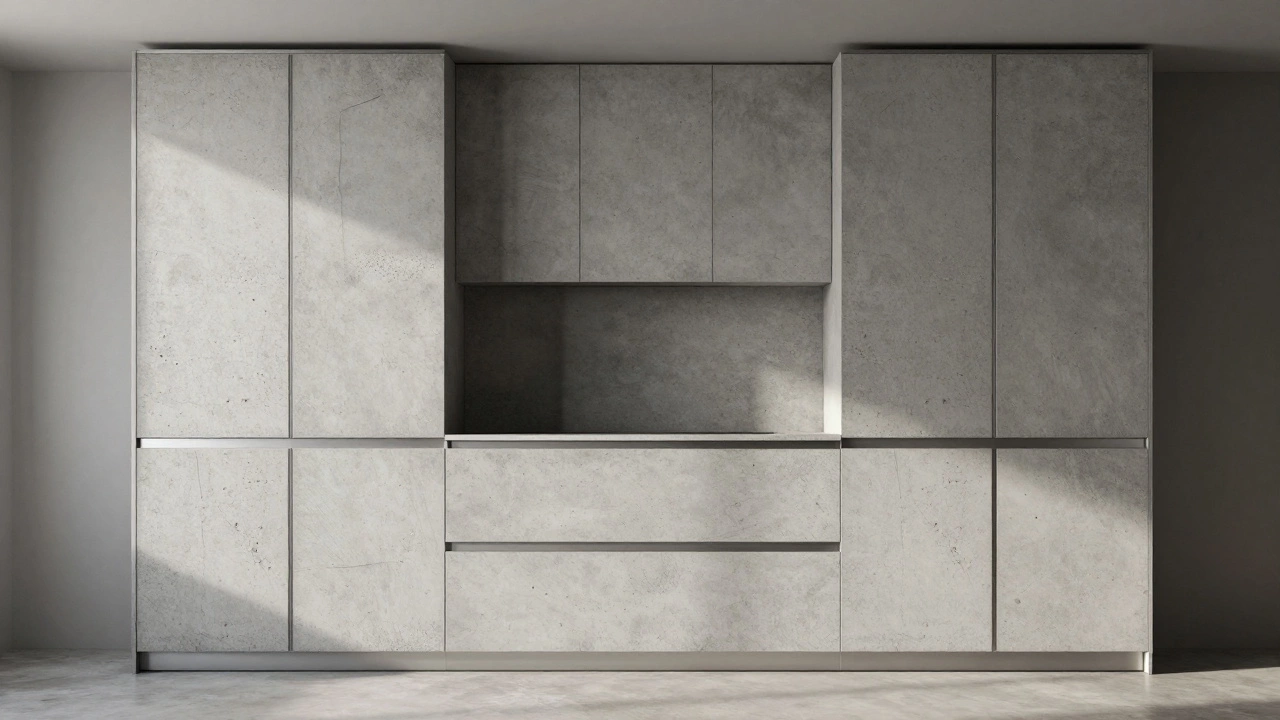 Панели с имитацией бетона, с матовой текстурой и тонкими металлическими вставками, в минималистичной кухне.