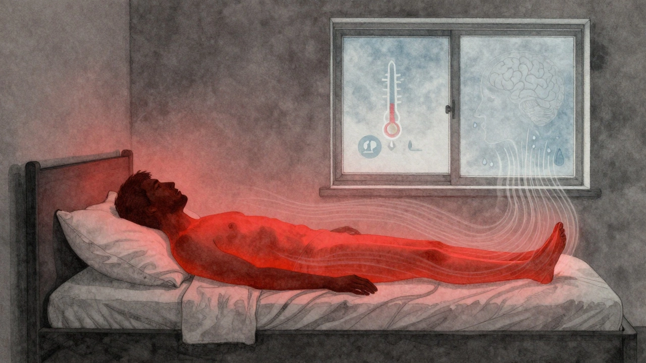 Силуэт человека во сне, энергетические потоки утекают к окну, стена за спиной — источник тепла.