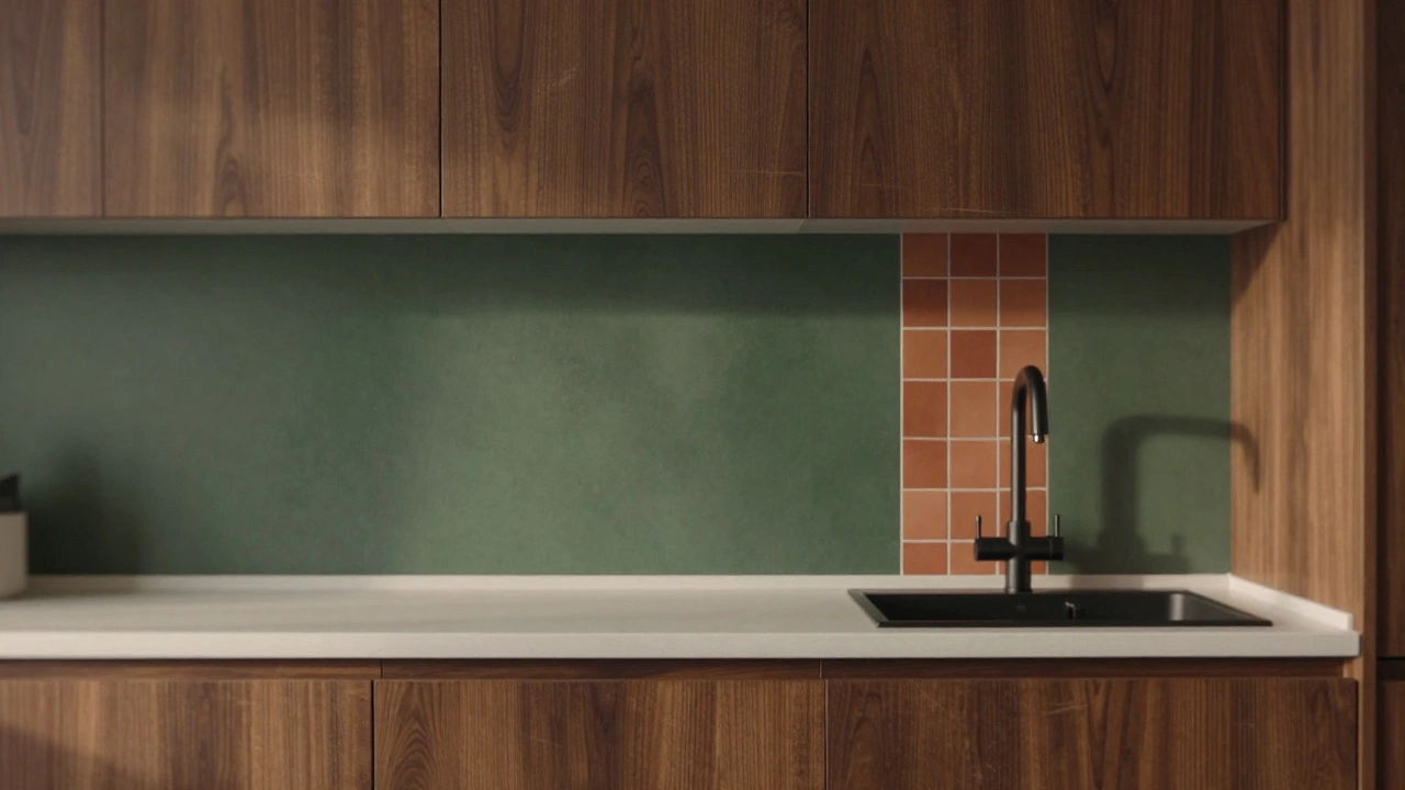 Современная кухня с темно-зеленым фартуком и терракотовой полосой над мойкой, подсвеченная теплыми лампами.