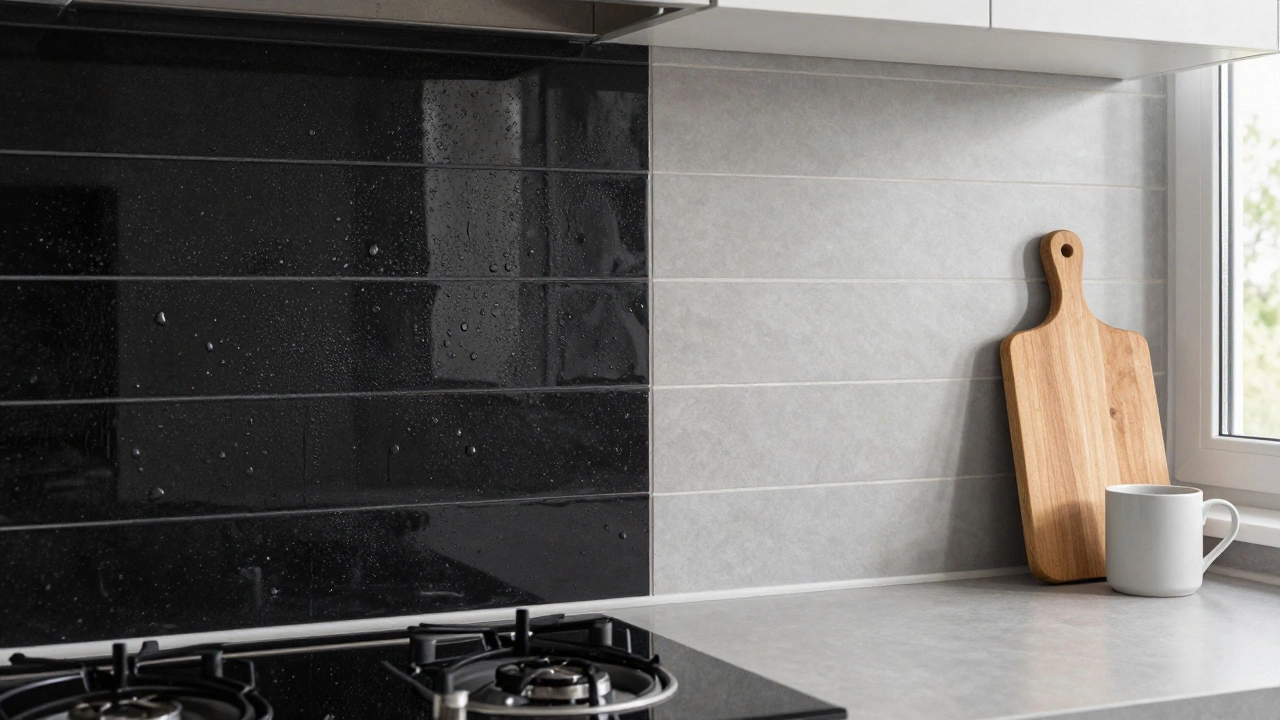 Сравнение: блестящий черный фартук с пятнами и матовый светло-серый — чистый и практичный.