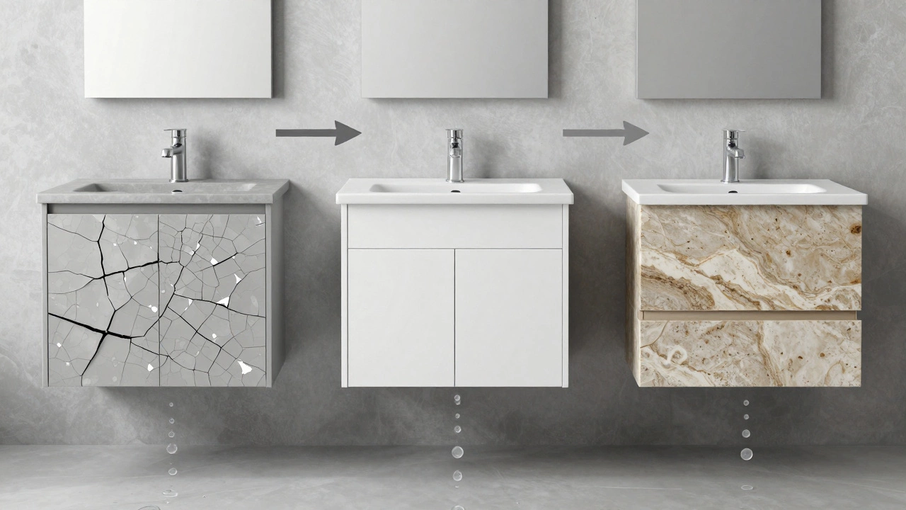 Сравнение мебели для ванной: испорченная ДСП, водостойкий ПВХ и натуральный камень.