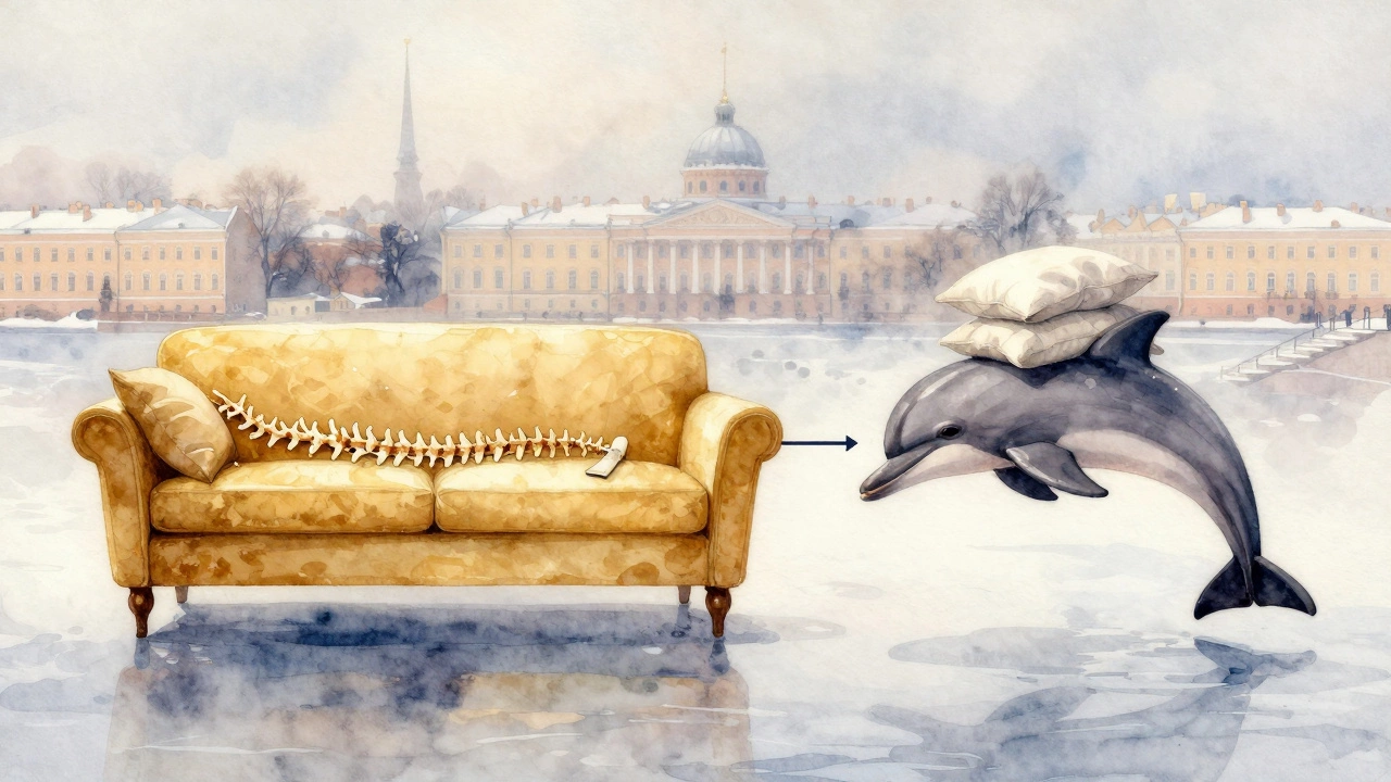 Сравнение механизмов диванов: ровная кровать и наклонная конструкция с подушками, символизирующие комфорт и дискомфорт сна.