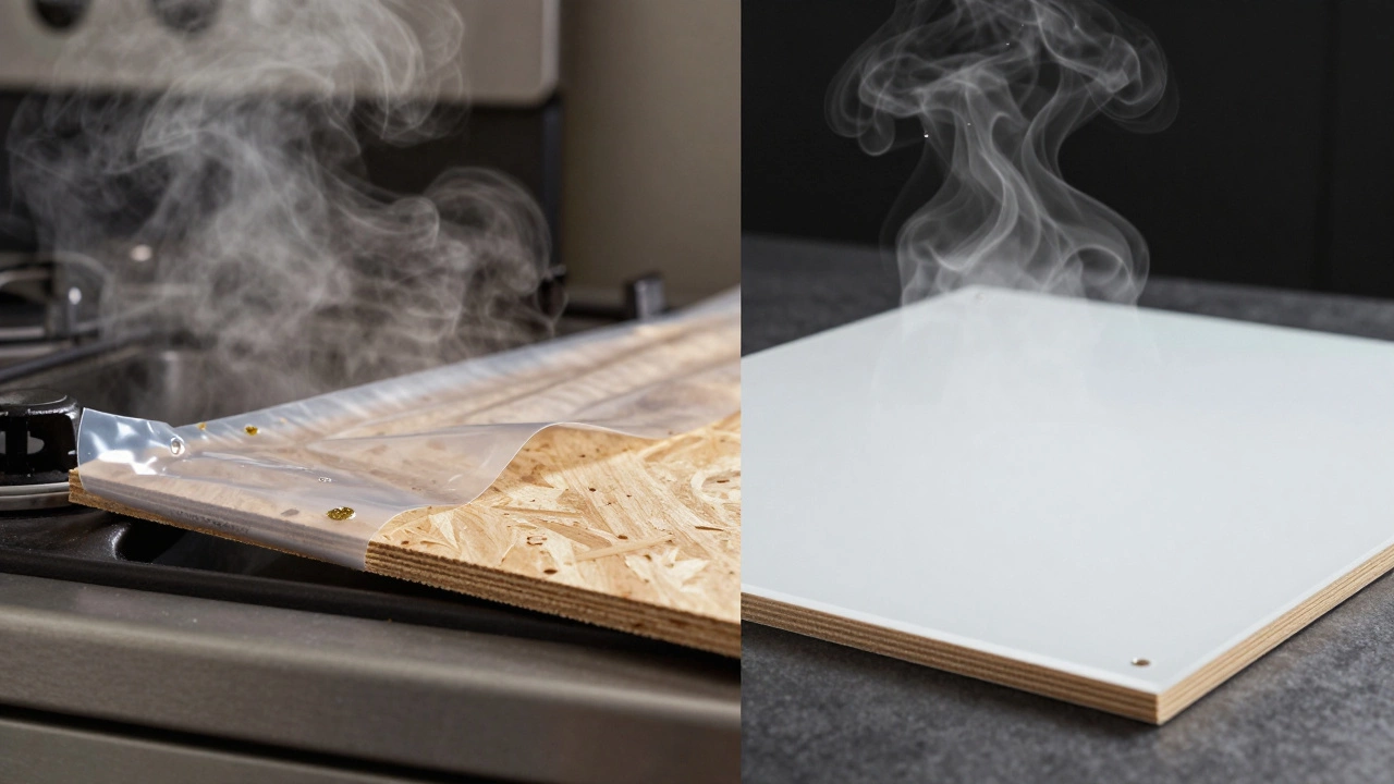 Сравнение: отслаивающаяся ПВХ-пленка и прочный акриловый фасад рядом с плитой.