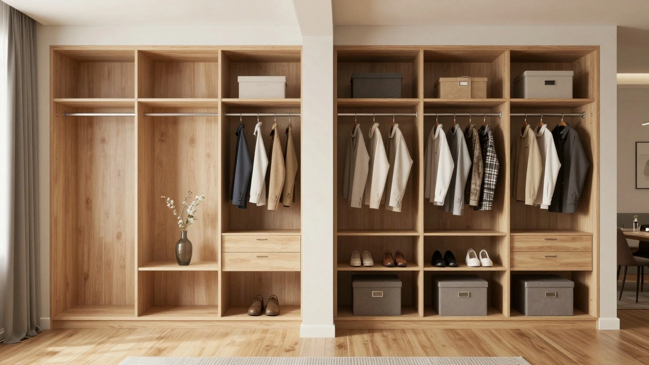 Сравнение: три отдельных шкафа с пустотами между ними и один встроенный шкаф на всю стену.