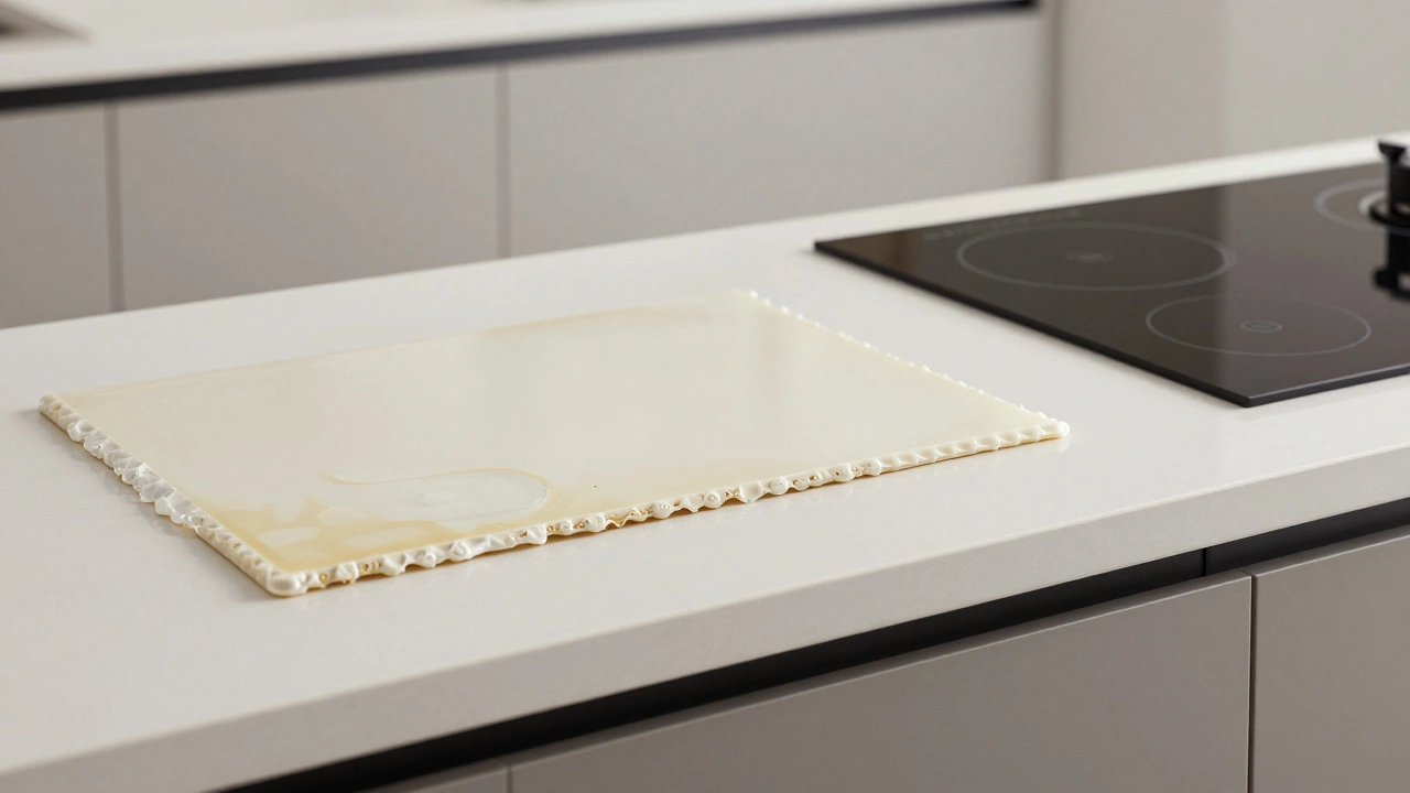 Сравнение устаревшей ламинированной столешницы и современной акриловой поверхности с индукционной зоной.