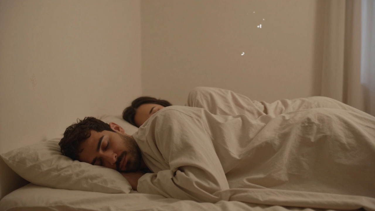 Супруги спят на правом боку, головы обращены к Мекке, под тонким покрывалом, в спокойной, безликой обстановке.