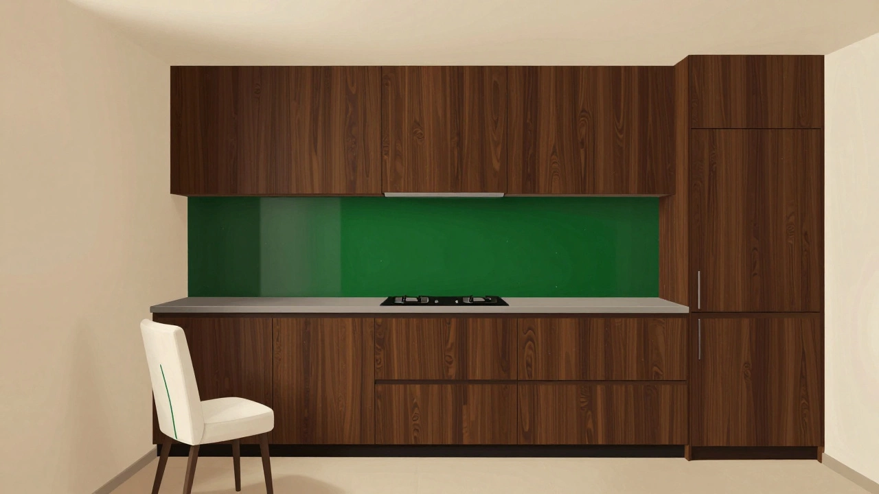 Темная древесина мебели, изумрудный фартук и молочные стены в кухне с естественным светом