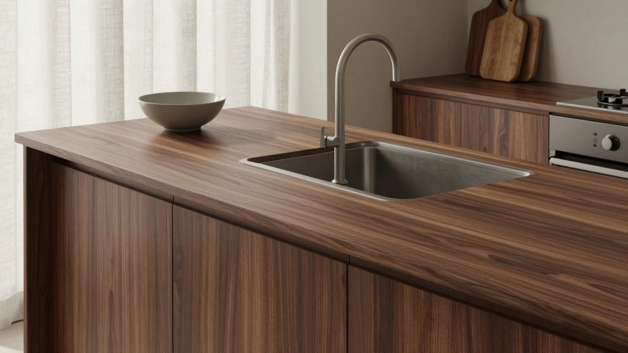 Термодревесина темного ореха на кухонном острове в скандинавском стиле с встроенной раковиной.