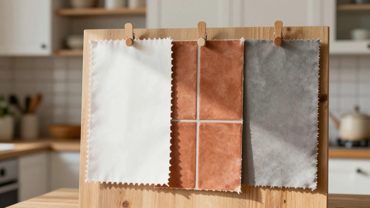 Три образца цветов на доске: белый, терракотовый и пепельно-серый, символизирующие идеальную палитру