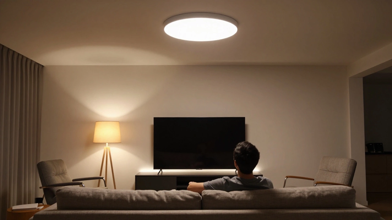 Три уровня освещения в гостиной: потолочный свет, настольная лампа и подсветка телевизора.