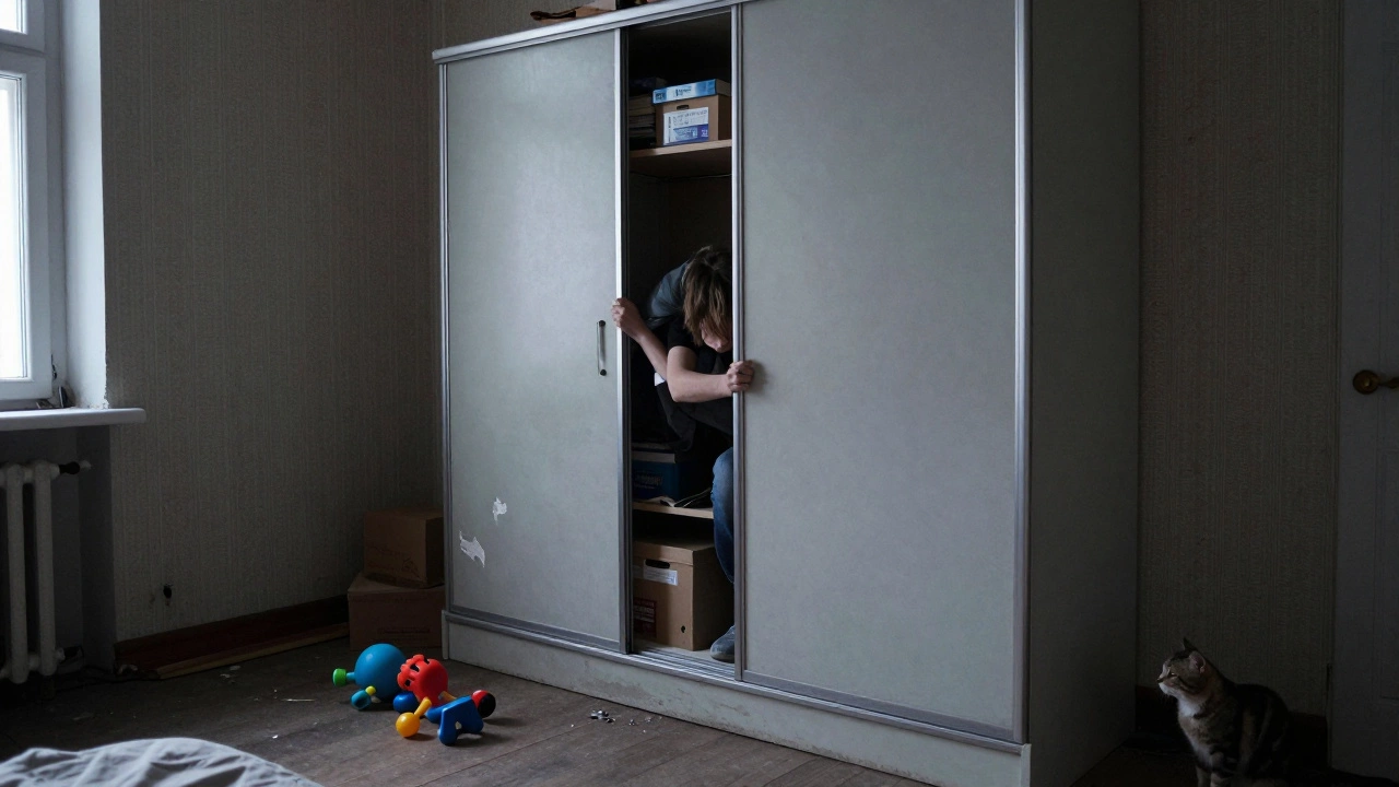 Человек пытается закрыть застрявший раздвижной шкаф в старой квартире Санкт-Петербурга.