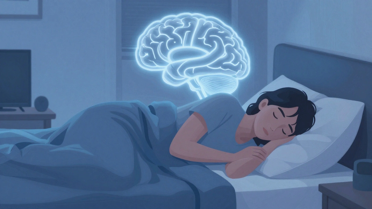 Человек спит на правом боку в спокойной обстановке, символизируя расслабление и глубокий сон.