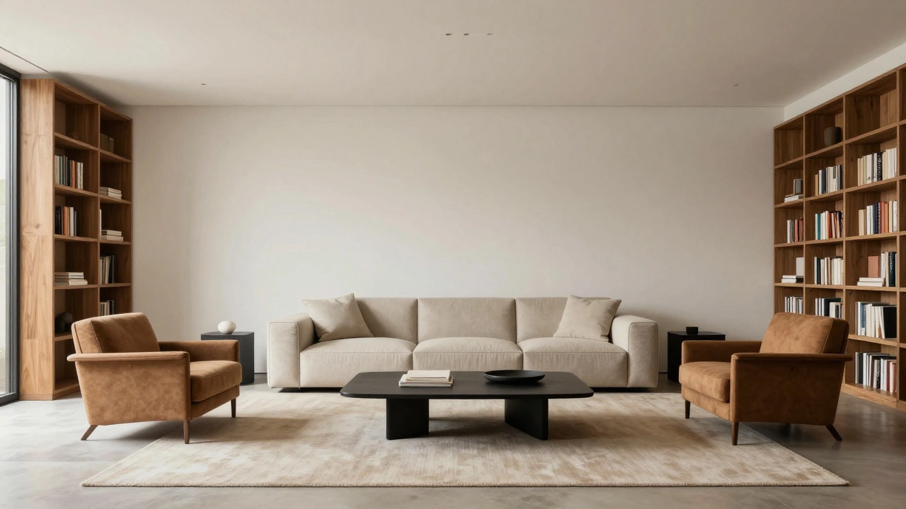 Центрально расположенный диван в квадратной гостиной, окруженный креслами и полками, зона для общения.