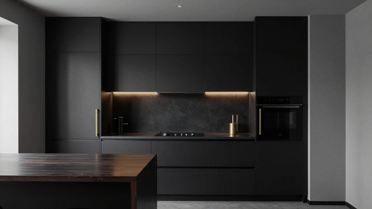Черная матовая кухня с деревянной столешницей и золотой фурнитурой, подсвеченная точечным светом.
