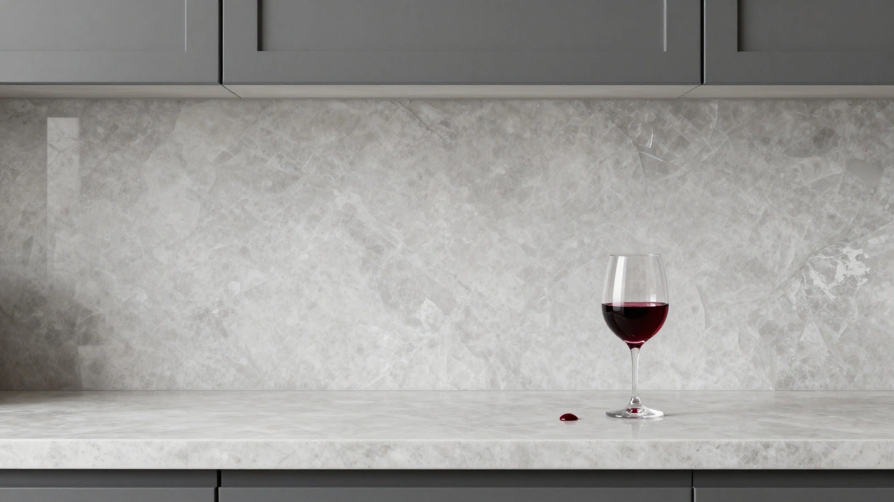 Фартук из кварцевого агломерата, бесшовно сочетающийся со столешницей, с каплей вина на поверхности.