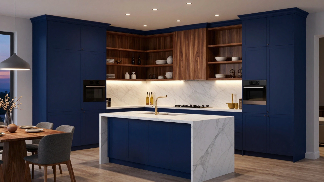 Глубокий синий кухонный гарнитур с деревянными полками и мраморной островной столешницей при мягком освещении.