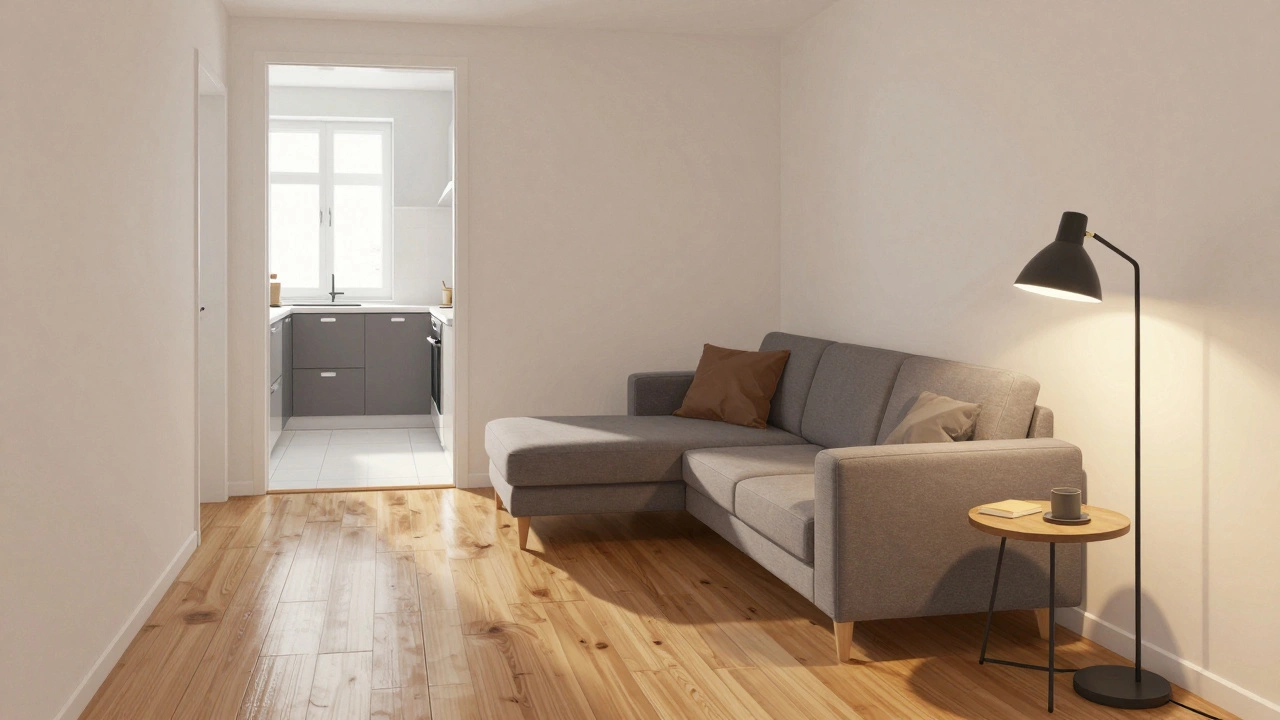 Маленькая гостиная с угловым диваном, чёткий проход к кухне, тёплый свет настольной лампы.