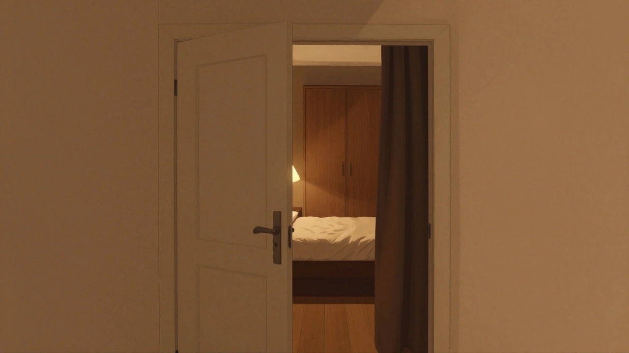 Маленькая спальня, кровать перпендикулярно двери, шкаф и занавеска защищают от входа, тихий вечер.