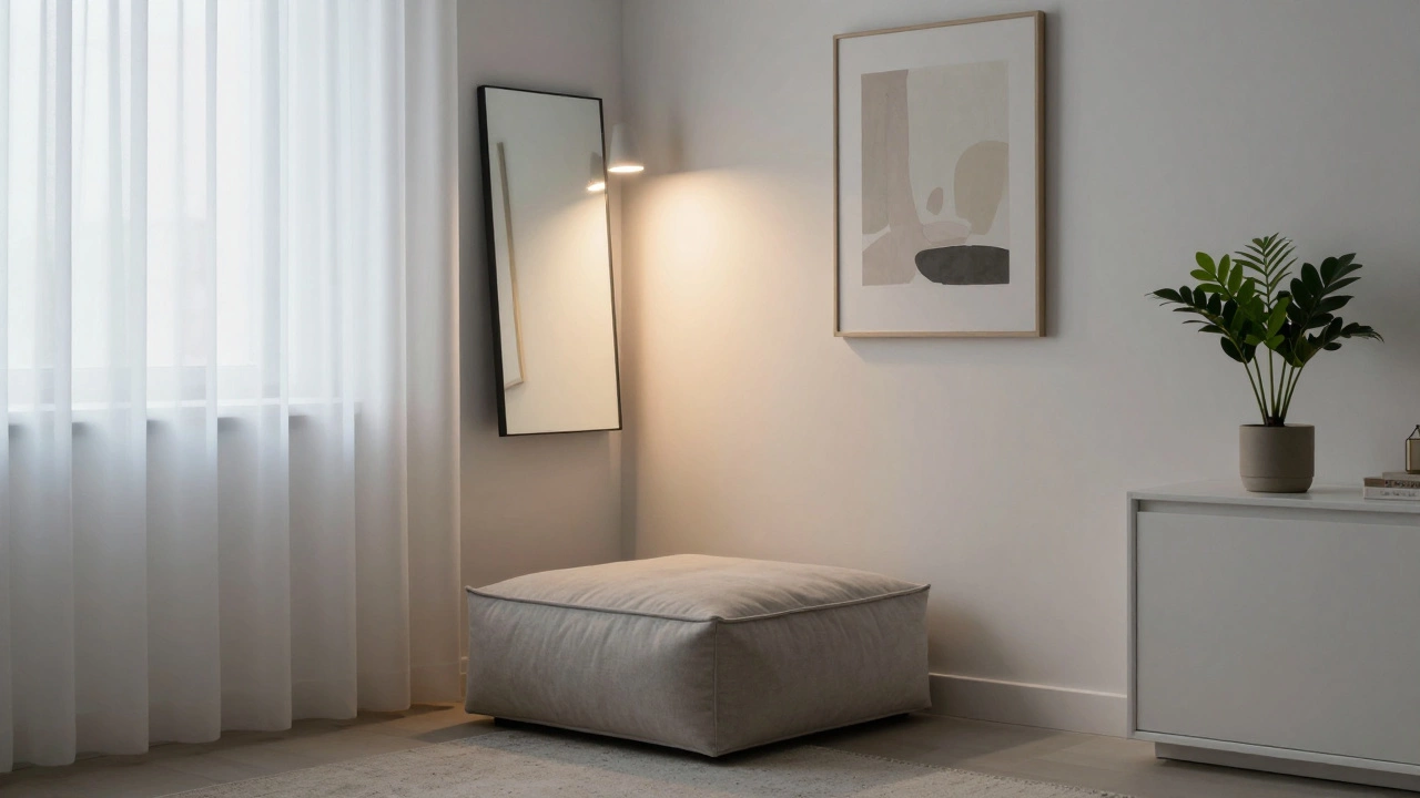 Пуф у окна, угловое зеркало, минималистичный декор и растение в уютной спальне.