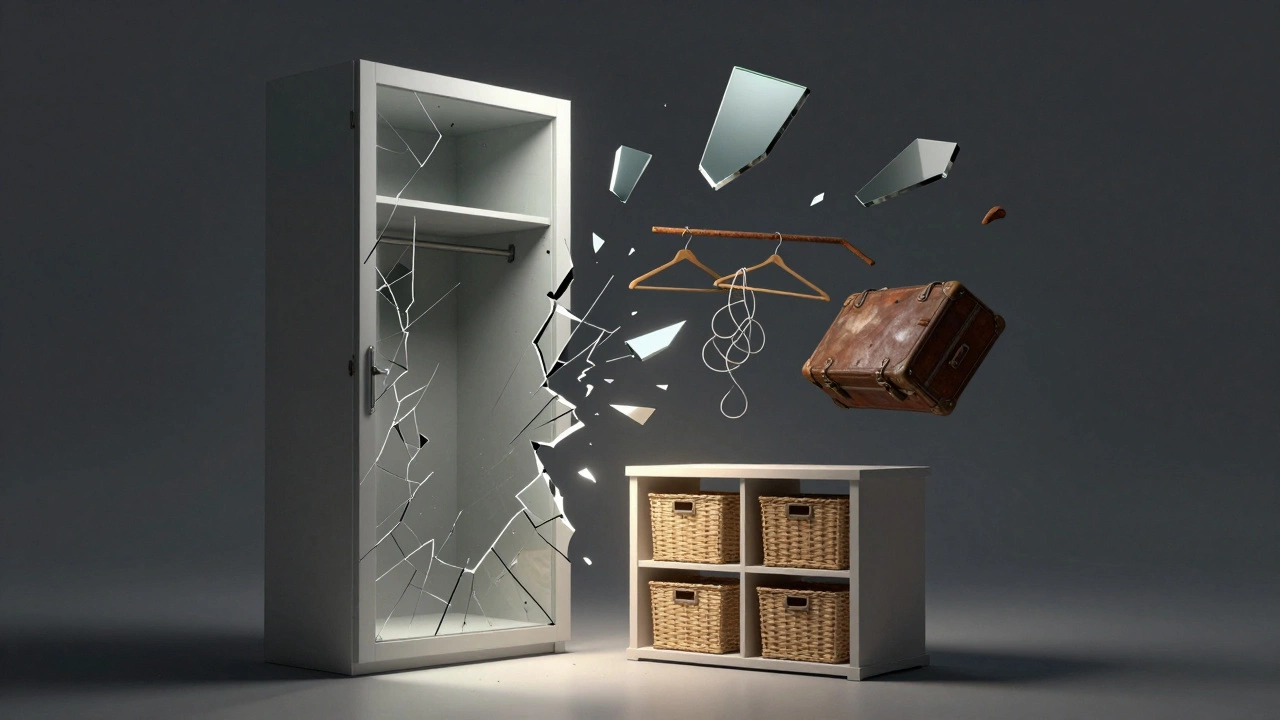 Разбитое зеркало шкафа-купе превращается в символы его неисправностей, рядом — простые полки.