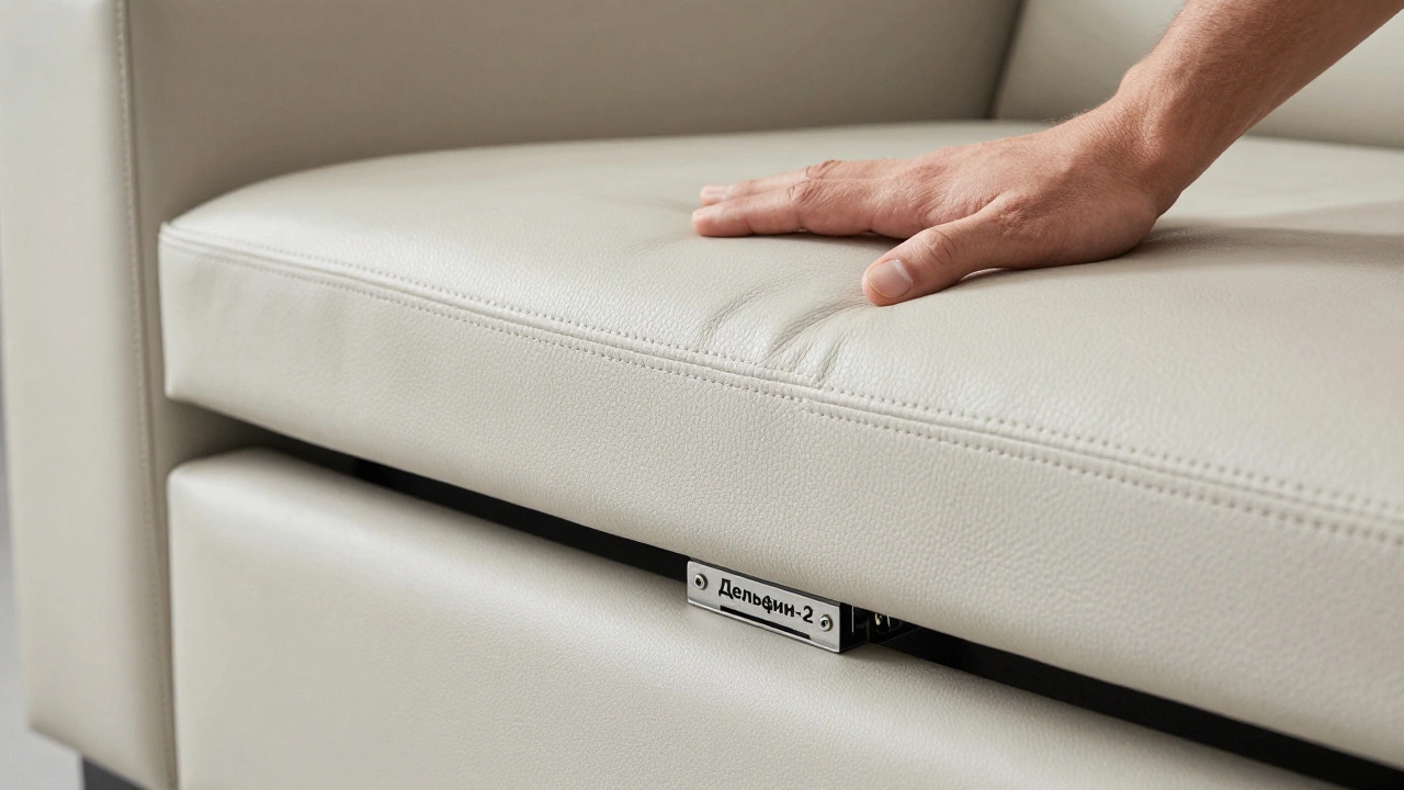 Рука на натуральной коже дивана с видимым металлическим механизмом 'Дельфин-2'