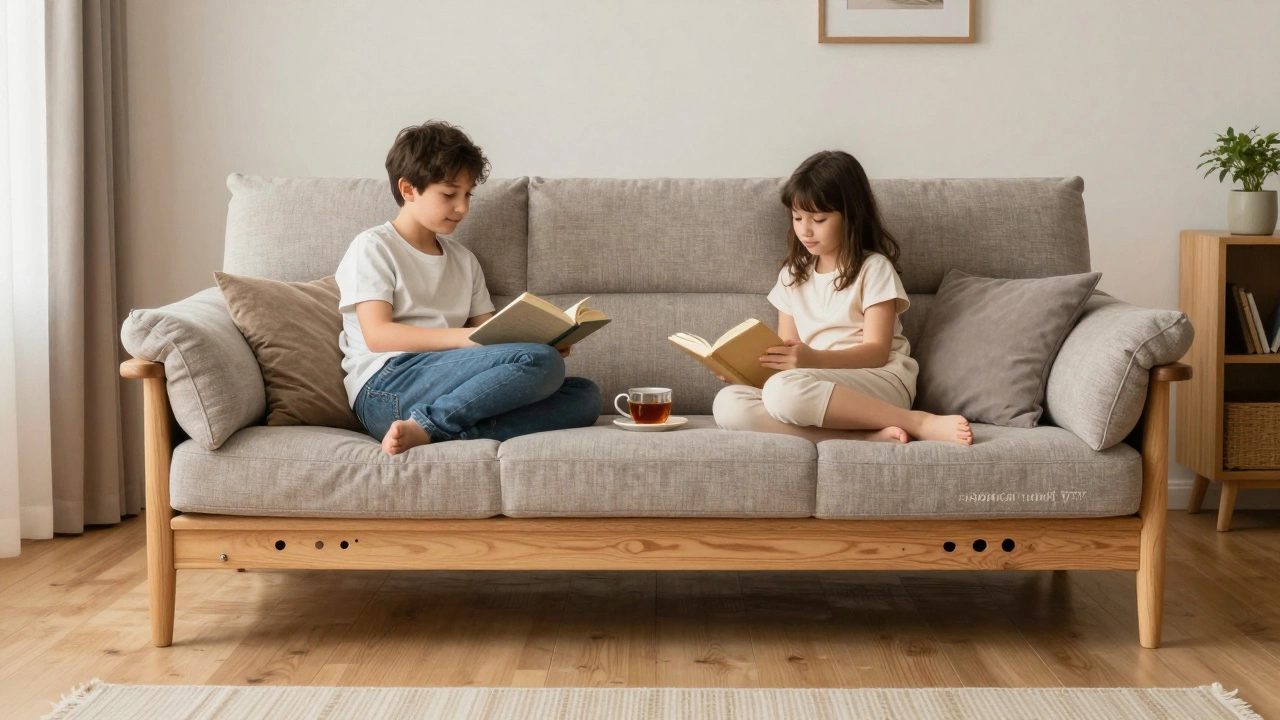 Семья на диване с высокой спинкой и глубоким сиденьем в уютной гостиной