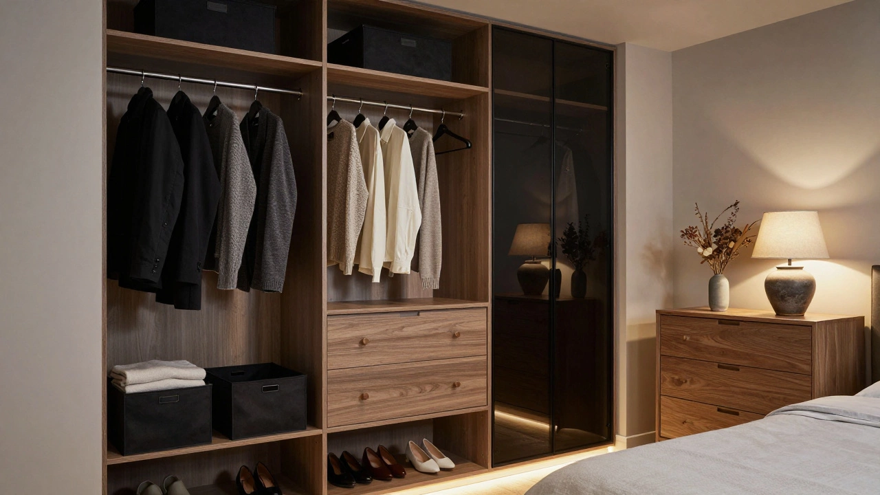 Шкаф-купе с зеркальными дверями, комод с лампой и сухоцветами, мягкий свет в спальне.