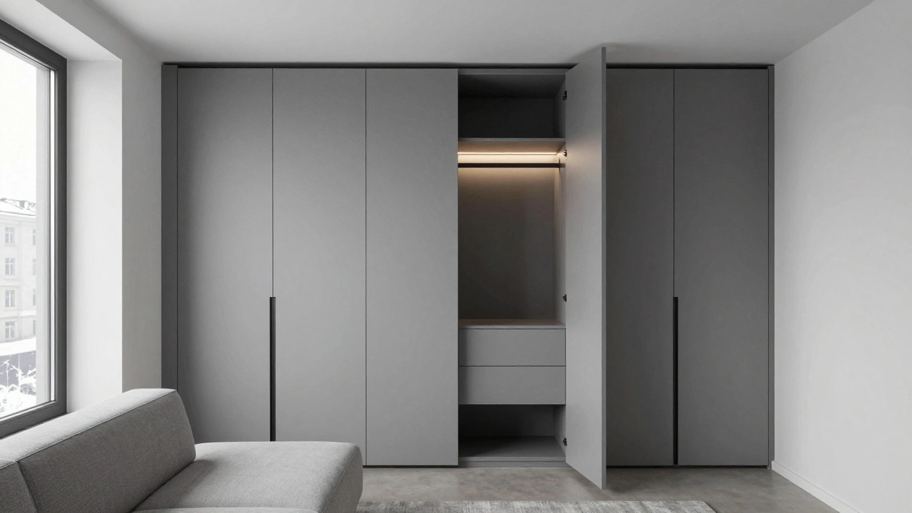 Современный шкаф-купе в узкой гостиной с матовыми дверями и внутренней подсветкой.