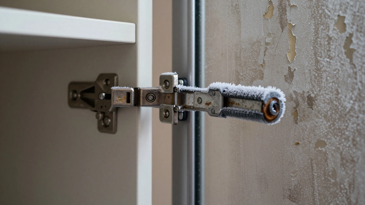 Сравнение стальной петли и поврежденного ролика шкафа-купе под зимним светом.