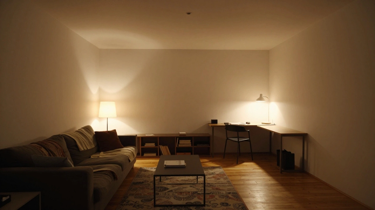 Зона отдыха и рабочий стол разделены низкой полкой, над столом свет, на диване подушки и плед, окно сбоку.