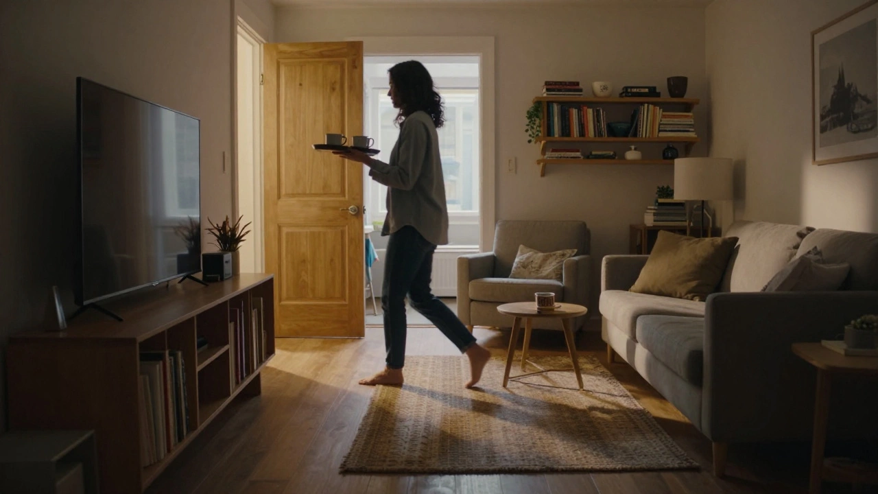 Человек несёт поднос по широкому проходу в гостиной, проходя между полкой и креслом, свет мягко падает на ковёр и мебель.