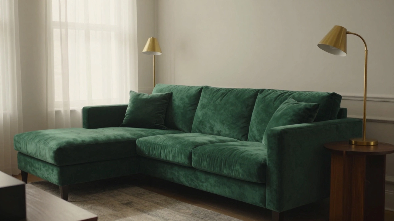 Изумрудный диван в солнечной комнате с латунными лампами и темным дубом.
