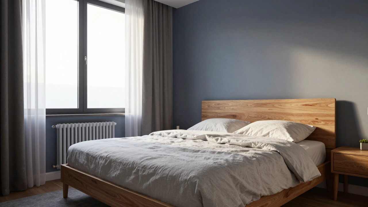 Кровать установлена на безопасном расстоянии от окна и радиатора отопления зимой