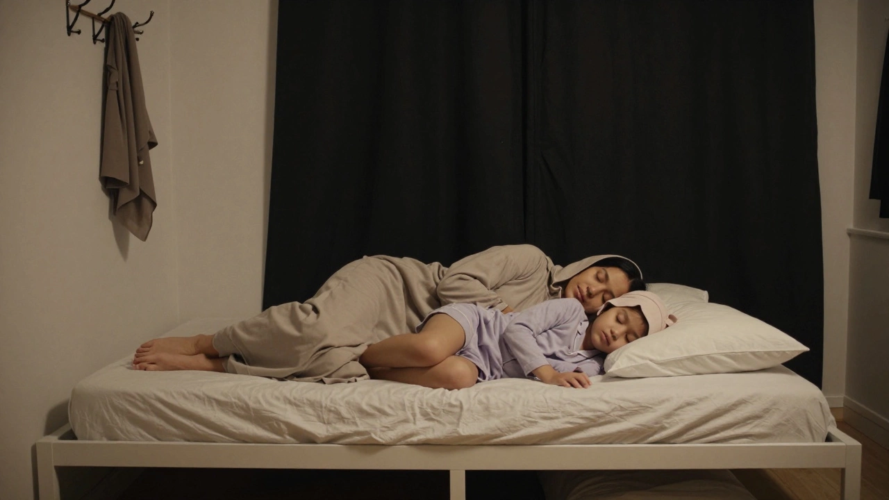 Мать и дочь спят вместе в скромной пижаме, в спальне с плотными шторами и полкой для головных уборов.