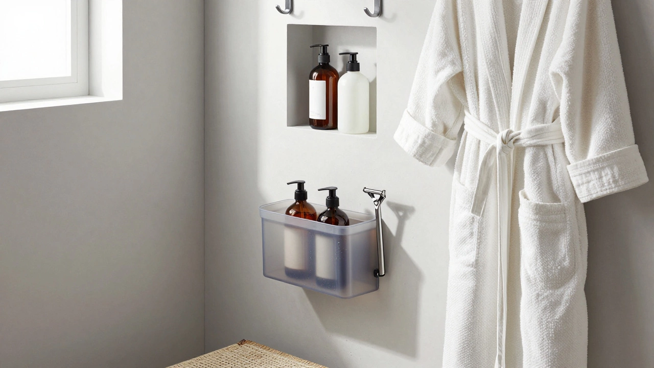 Минималистичная ванная с крючками, полками в душе и магнитным держателем для бритвы на раковине.