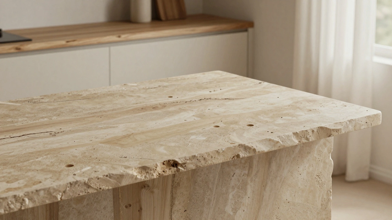 Натуральная столешница оттенка пепельного дуба и песка с текстурой, имитирующей природный камень.
