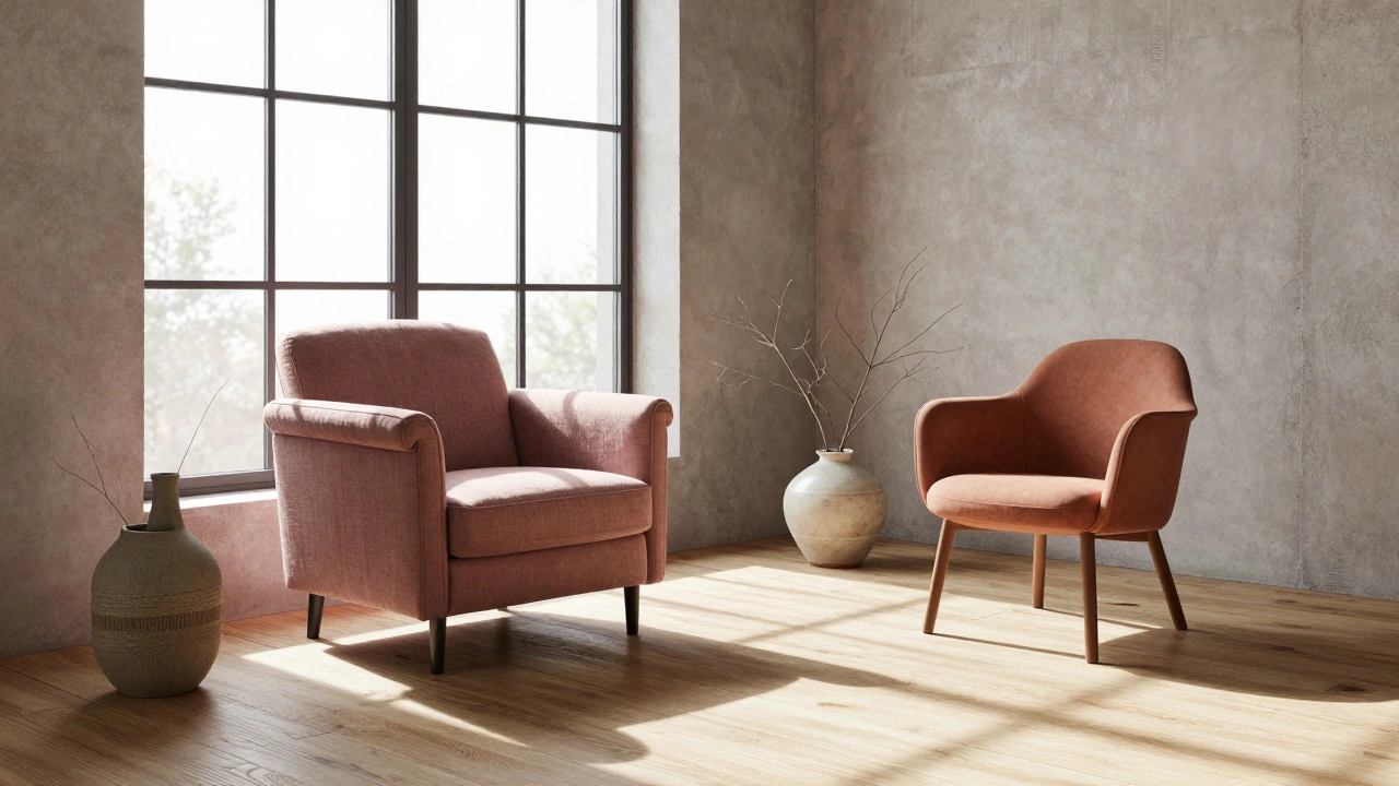 Пыльный розовый и терракотовый кресла в светлой гостиной с натуральными текстурами и солнечным светом.