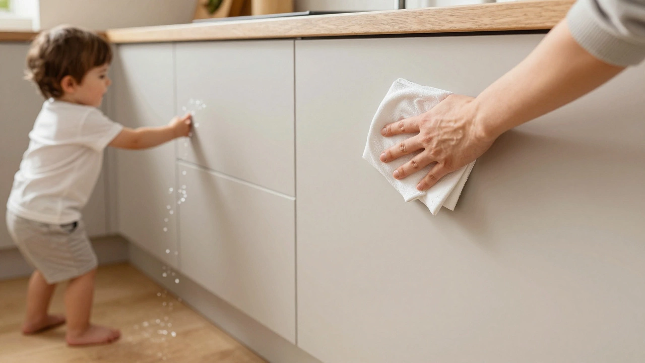 Семья у кухни с матовыми фасадами, не показывающими отпечатков и пятен