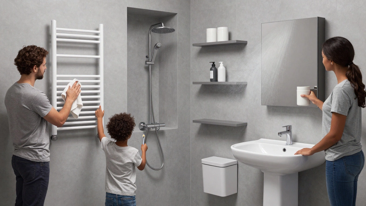 Система хранения в ванной: полки, коробки и корзина для мусора, люди взаимодействуют с предметами.