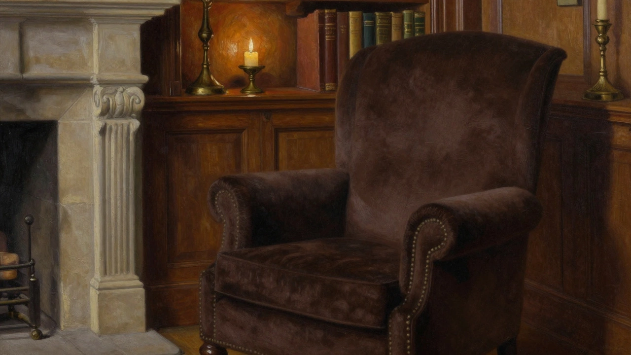 Шоколадный кресло у камина с деревянными панелями и бронзовыми лампами.