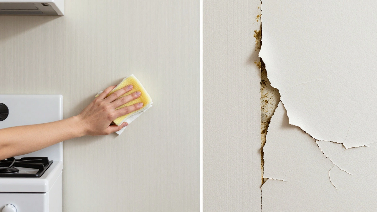 Сравнение: прочные обои легко моются, а бумажные отслаиваются и плесневеют.