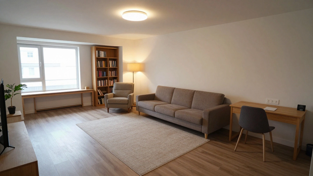 Вид сверху на три зоны гостиной: зона отдыха, чтения и работы, с чёткими проходами и слоистым освещением.