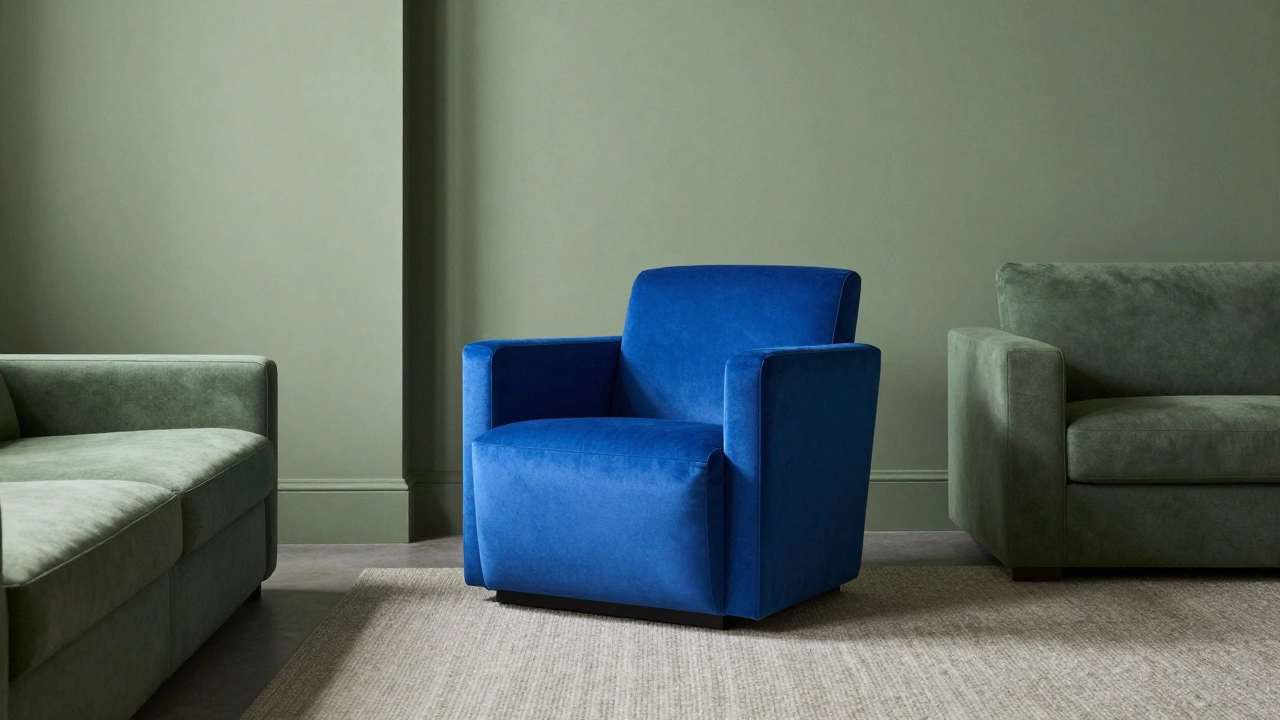Ярко-синее велюровое кресло на фоне стены и дивана в приглушенном шалфейном цвете