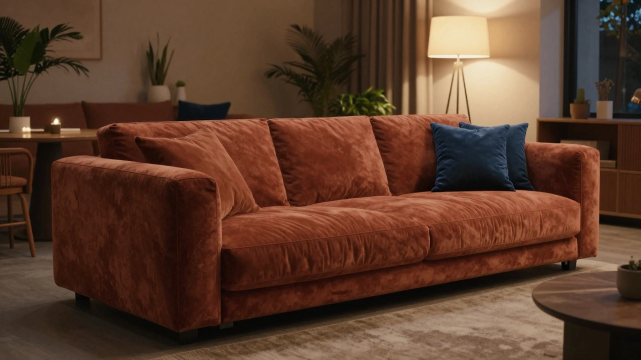 Глубокий терракотовый диван в уютной гостиной с теплым вечерним освещением