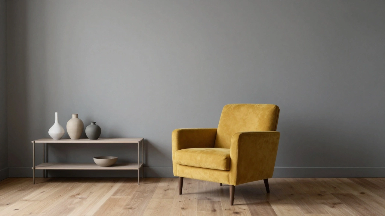 Минималистичный интерьер с серыми тонами и ярким желтым креслом в качестве акцента
