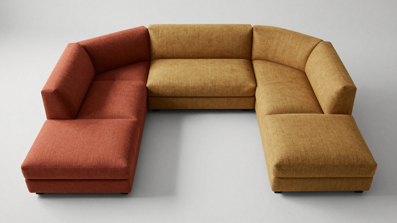 Различные модули дивана в терракотовых и охристых оттенках из эко-ткани